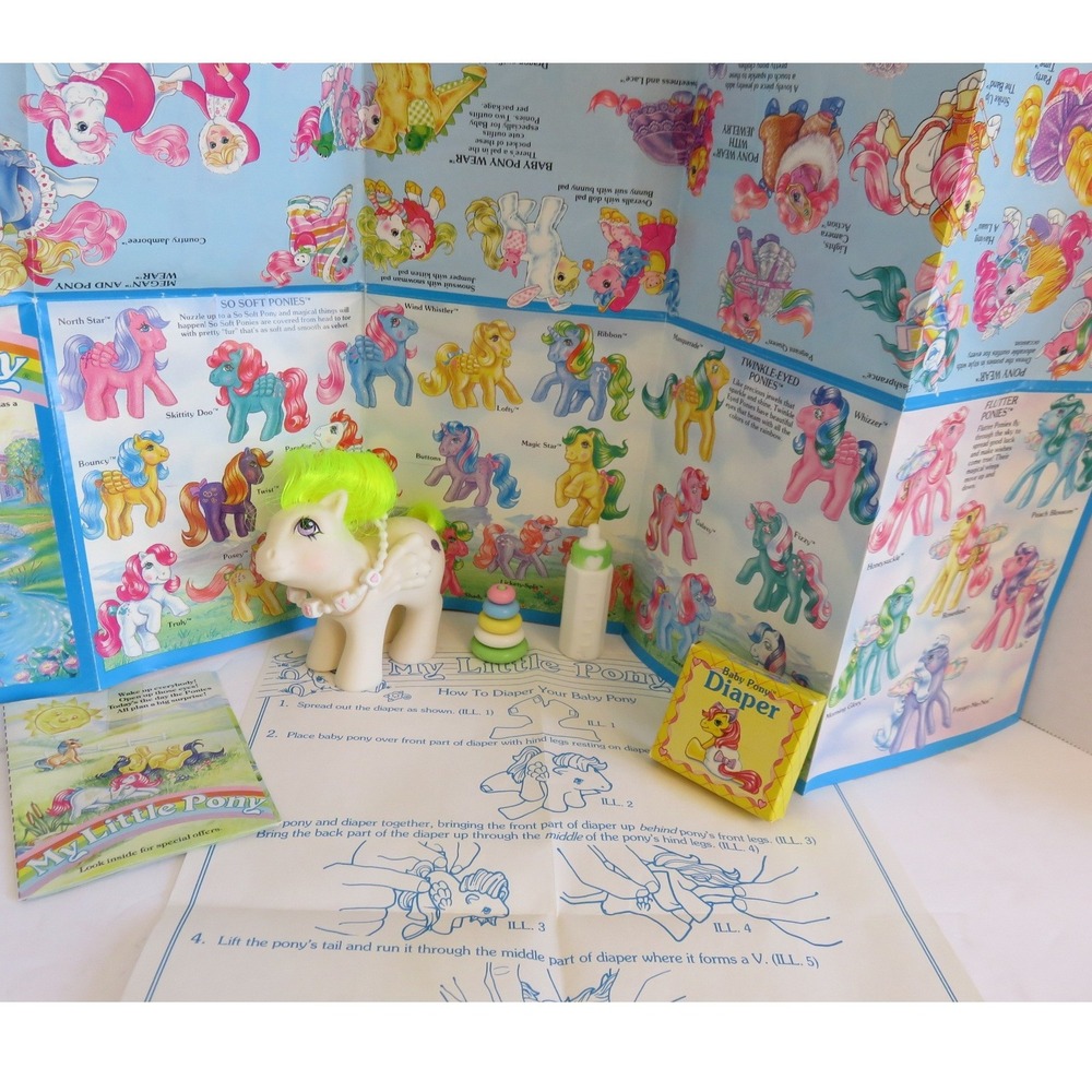 Vintage My Little Pony G1 Baby North Star Pegasus + Diaper Toy Bottle & Book